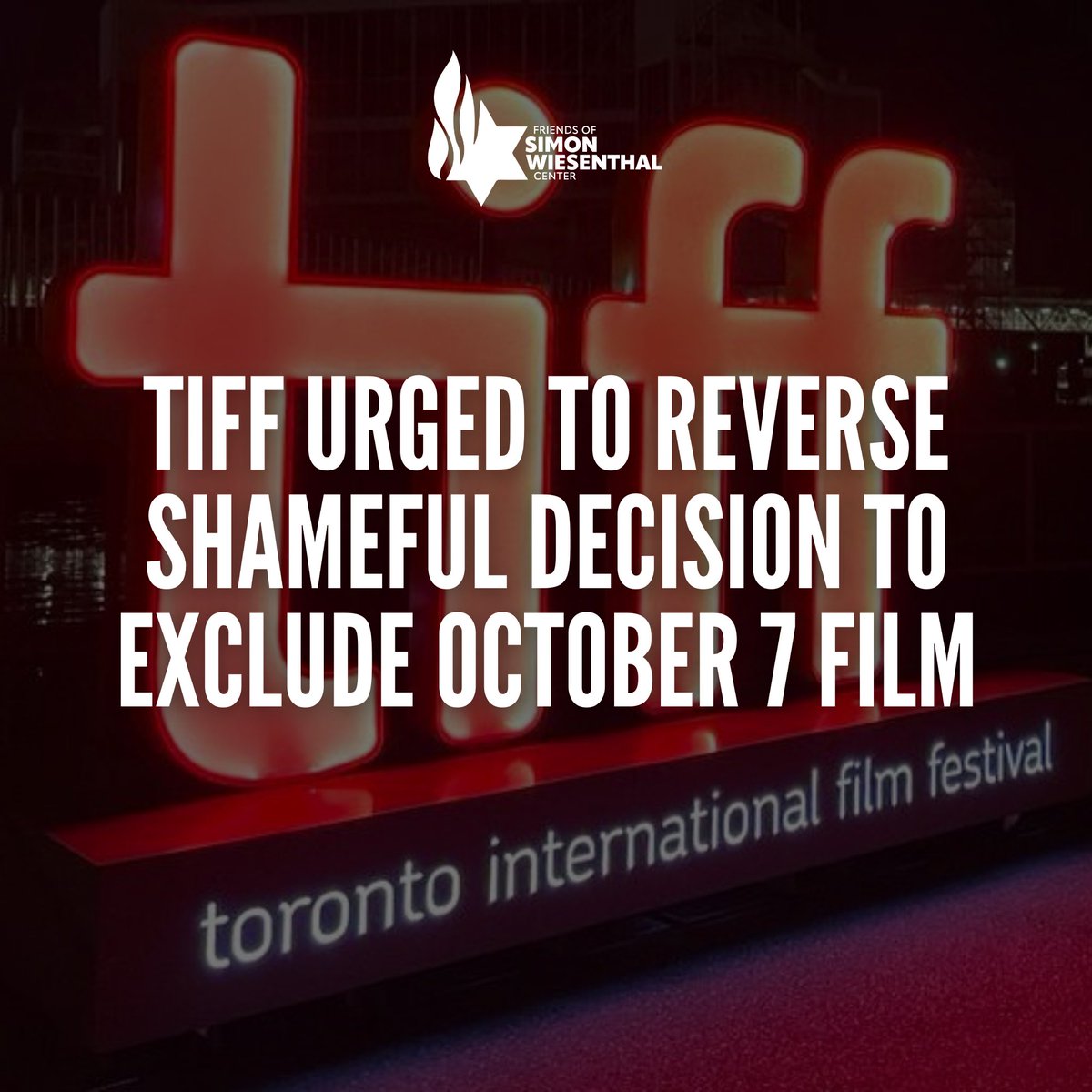 We are deeply disturbed by <a href="/TIFF_NET/">TIFF</a>'s removal of The Road Between Us: The Ultimate Rescue – a powerful film about retired IDF General Noam Tibon’s mission to save his son and son's family during the October 7 Hamas attack.

By caving to extremists determined to silence Jewish