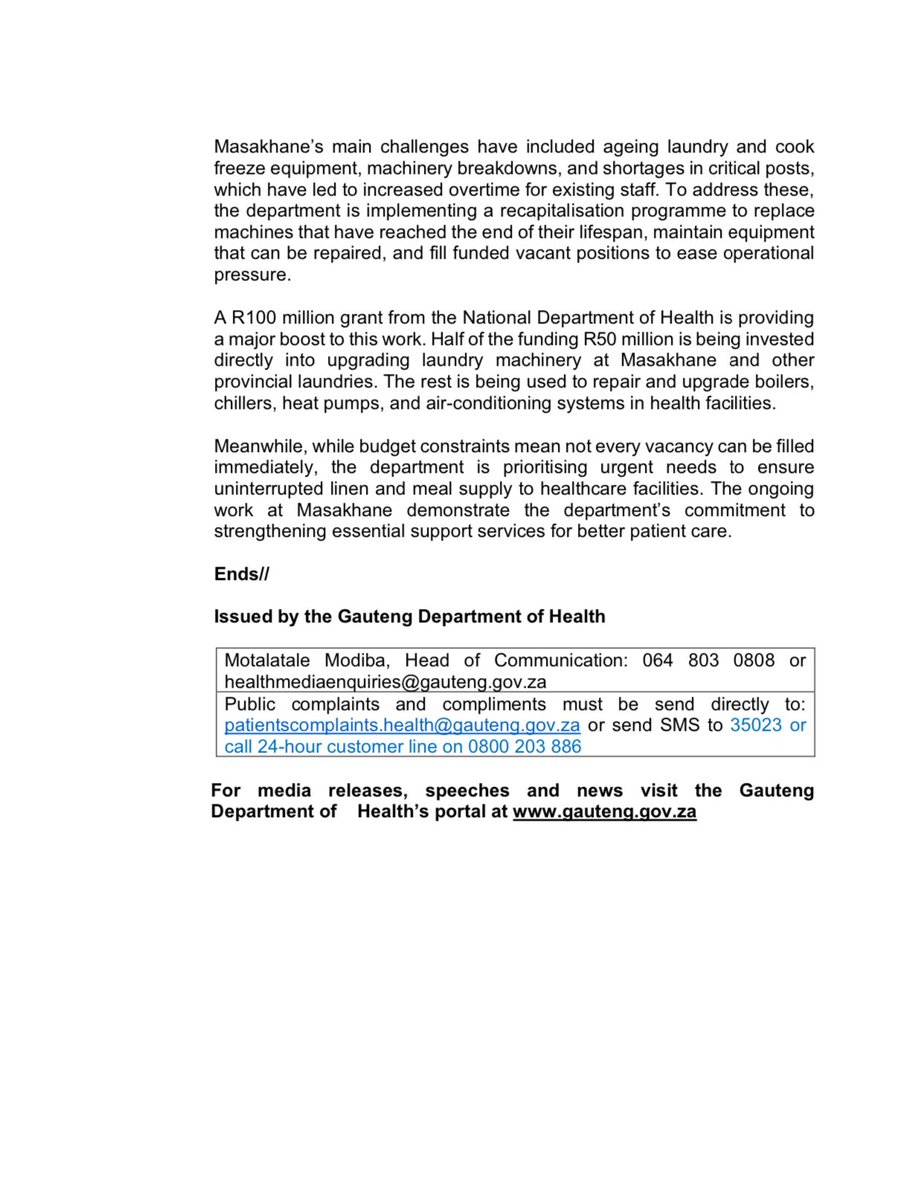 MEDIA STATEMENT || HEALTH PORTFOLIO COMMITTEE APPRAISED OF PROGRESS AT MASAKHANE LAUNDRY AND COOK FREEZE FACILITY