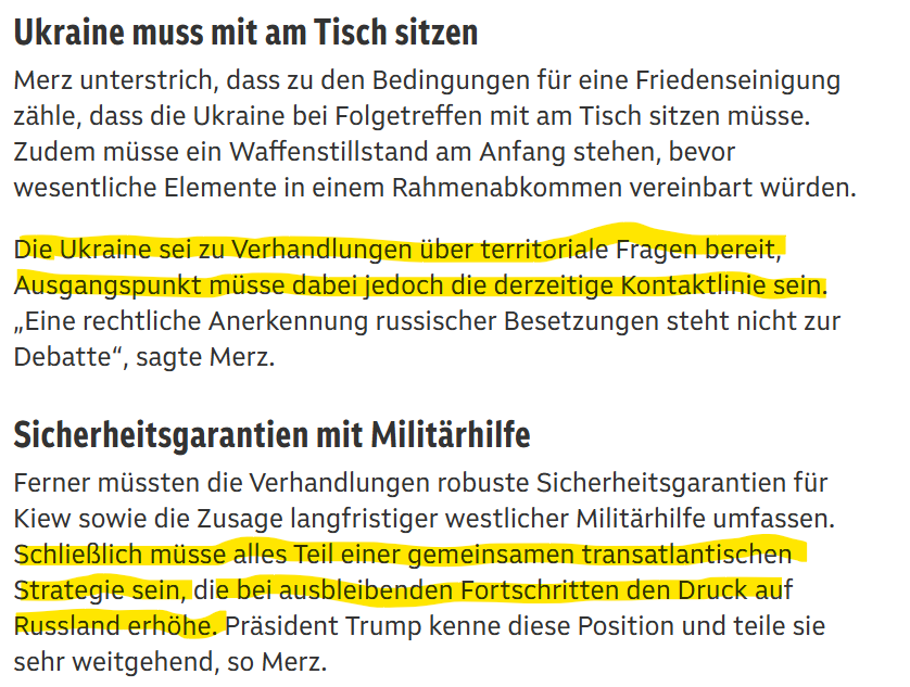 Wow, zwischen den Zeilen lesen.
Hat der Westen begriffen, dass er keine Chance hat?

Der Ausgangspunkt müsse die jetzige Kontaktlinie sein?

Ach was. Das hat man sich vor 2 Jahren noch anders vorgestellt - damals war auch die Kontaktlinie noch woanders....