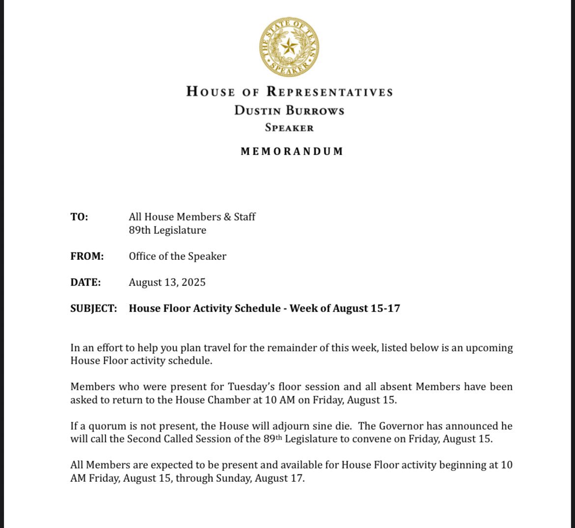 House Floor Activity Schedule, August 15-17

#txlege