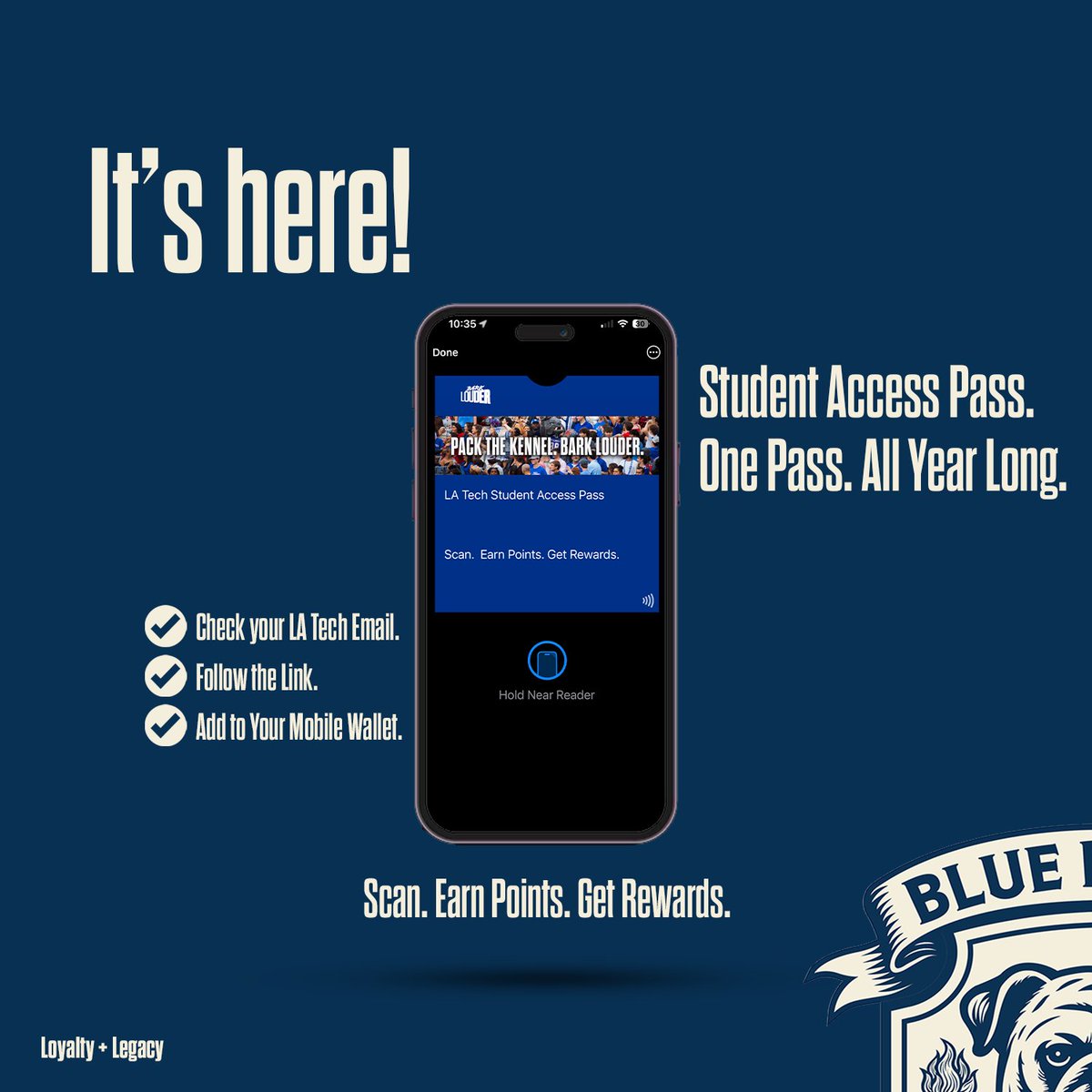 🚨 HUGE NEWS | IT'S HERE 🚨

All LA Tech Students don't walk, RUN to your Tech Emails and add your Digital Student Access Pass NOW!

Once it's added, you're SET for the year. 

Add to your mobile wallet so you can start scanning and earning. #BarkLouder
