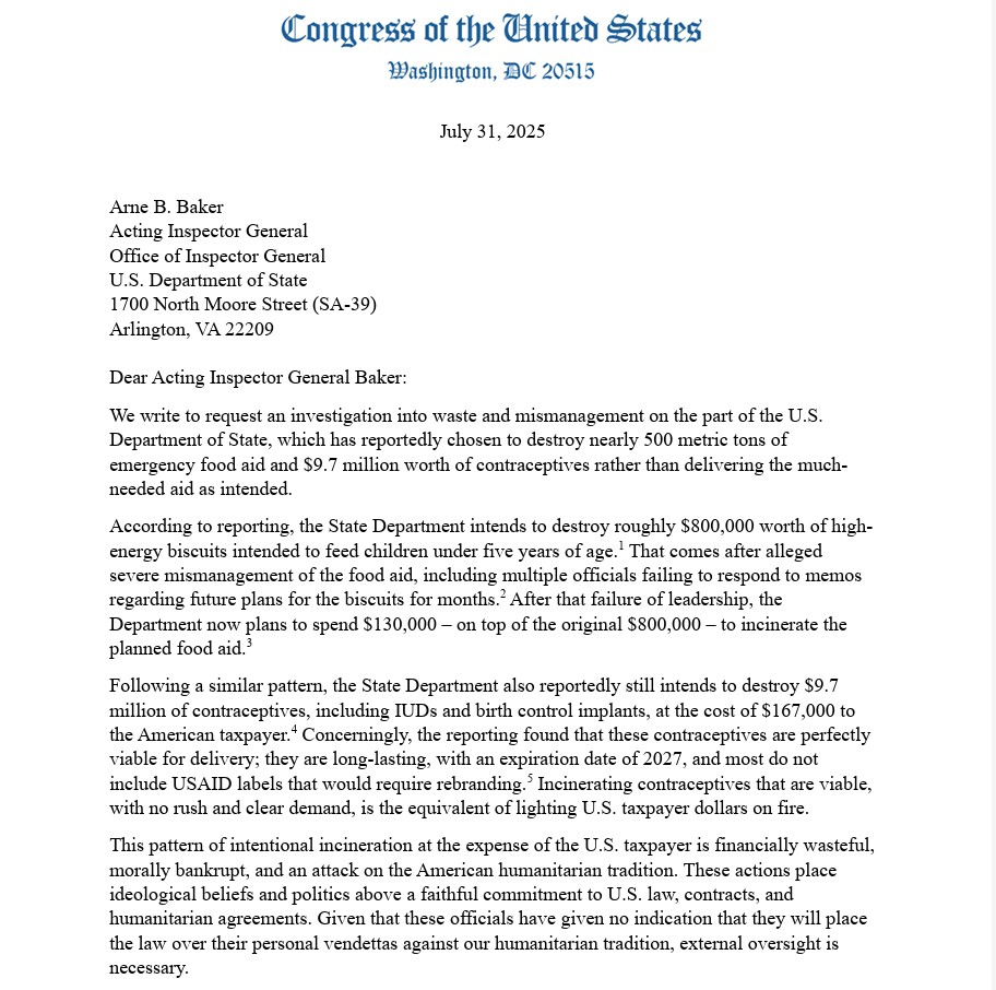 RepGraceMeng's tweet photo. I was proud to lead 80 Democrats, along with @RepDonBeyer, @RepLoisFrankel and @RepJudyChu, to demand an investigation into the State Department’s planned destruction of millions of dollars worth of food and contraceptives.

These supplies were purchased with taxpayer dollars. They could have saved lives. Instead, they are being lit on fire. This is unacceptable. We need answers.