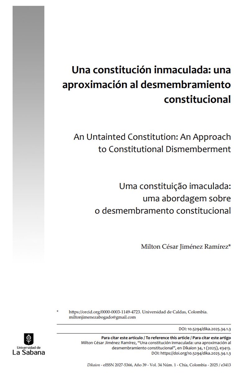 Richard Albert (@richardalbert) on Twitter photo 📜 A brilliant essay by <a href="/MILTONCESAR_J/">MILTON CESAR JIMENEZ</a> on the line separating constitutional amendment from constitutional dismemberment -- and whether a founding constitution can ever remain "immaculate" in the context of modern constitutional politics.
Full text of the paper here, with thanks 📜 A brilliant essay by <a href="/MILTONCESAR_J/">MILTON CESAR JIMENEZ</a> on the line separating constitutional amendment from constitutional dismemberment -- and whether a founding constitution can ever remain "immaculate" in the context of modern constitutional politics.
Full text of the paper here, with thanks