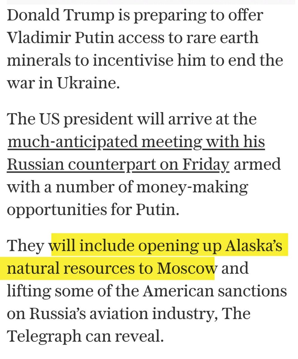 Americans, are you ok with offering Alaskan natural resources to russia? 🤯

telegraph.co.uk/us/news/2025/0…