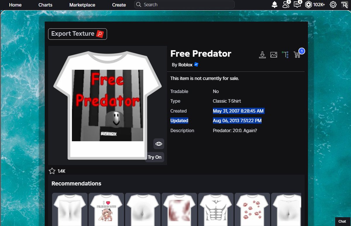 AJ_050405's tweet image. Roblox banned YouTuber Schlep for exposing predators and protecting kids on their platform, yet they allow a &apos;FREE PREDATORS&apos; shirt to exist that roblox themself made, raising serious questions about their priorities. #FreeSchlep #robloxdrama #robloxpredators #fypシ 

Shirt:…