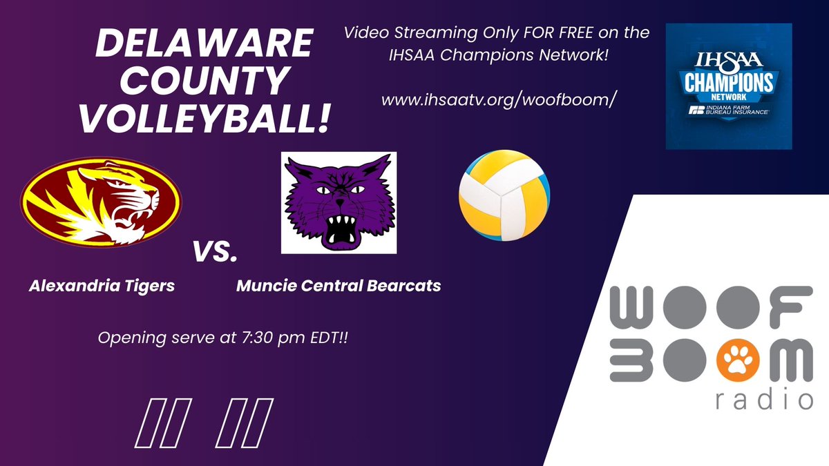 WMUNMuncie's tweet photo. NEXT TUESDAY! Woof Boom Radio brings you LIVE VIDEO coverage of High School Volleyball in Delaware County!  Alexandria Tigers vs. Muncie Central Bearcats!

@KurtDarling_PBP and @JayboGarrison have the call at 7:30 pm EDT on August 19th! 

@tigervball25 @Central_MCS https://t.co/VdlZZQmOTm