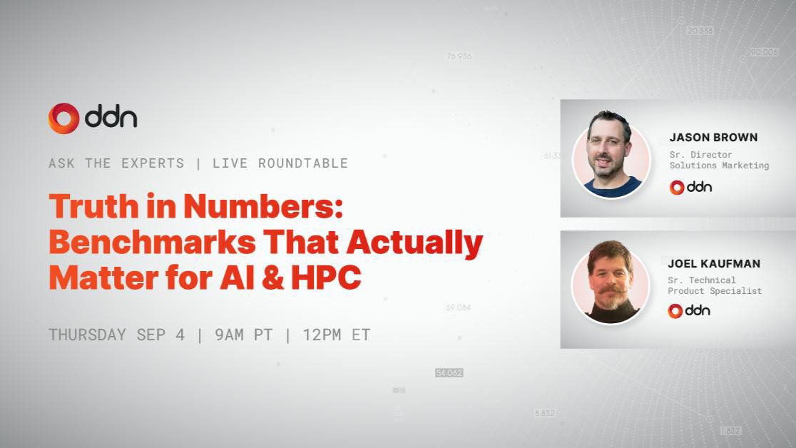 DDNintelligence's tweet image. How can you separate AI &amp;amp; HPC performance reality from marketing hype?

Join DDN experts Joel Kaufman and Jason Brown as they reveal the Top Benchmark Insights every AI and HPC decision-maker needs. From MLPerf to IO500, discover the real-world tests that measure what matters…