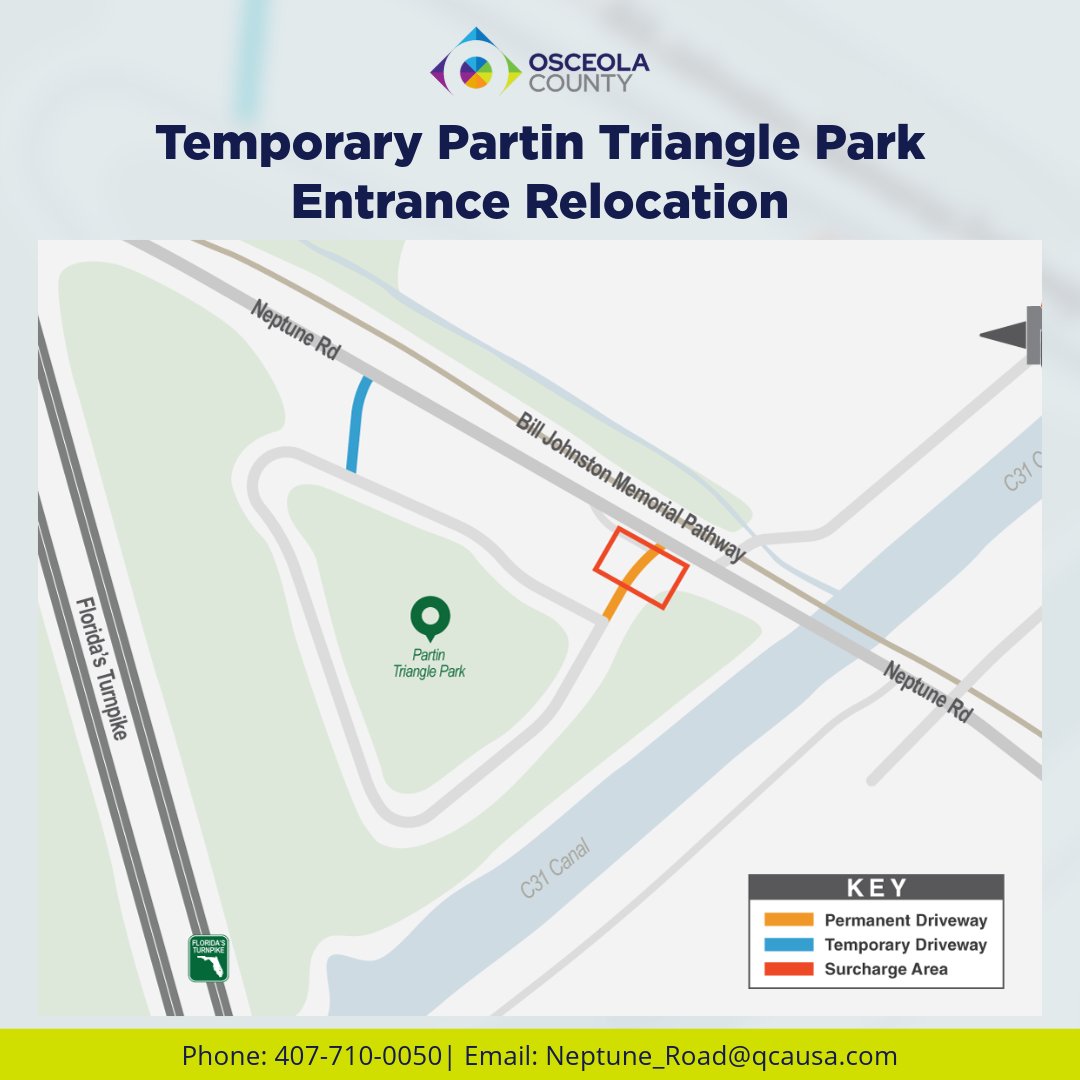 Beginning Thursday, August 14, the entrance to Partin Triangle Park will be temporarily relocated approximately 500 feet west of its current location to allow crews to perform soil stabilization work. The temporary driveway will accommodate cars, trucks, and vehicles towing