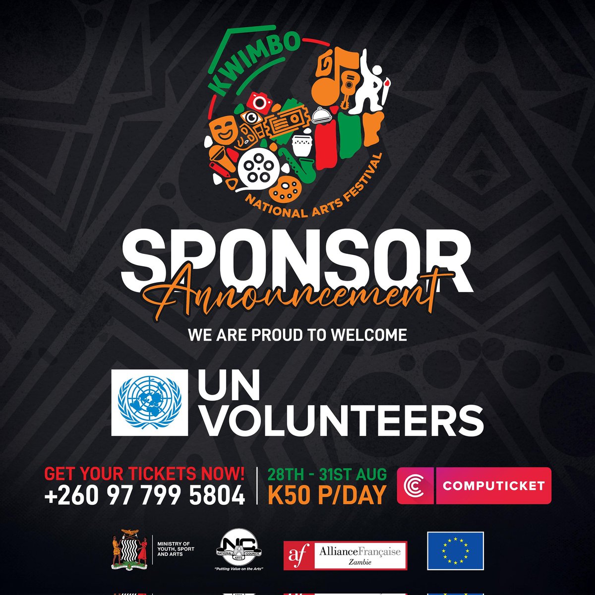 tiessoumapare's tweet photo. With just 15 days to go, we're thrilled to welcome @UNVolunteers as a partner for #KwimboNAF2025!
Join us for 4 incredible days of Zambian art, music, and culture from Aug 28-31 at The Piazza, Eastpark Mall.
Get your tickets now for only K50/day via Computicket! #Lusaka https://t.co/sVqPnQw9dA