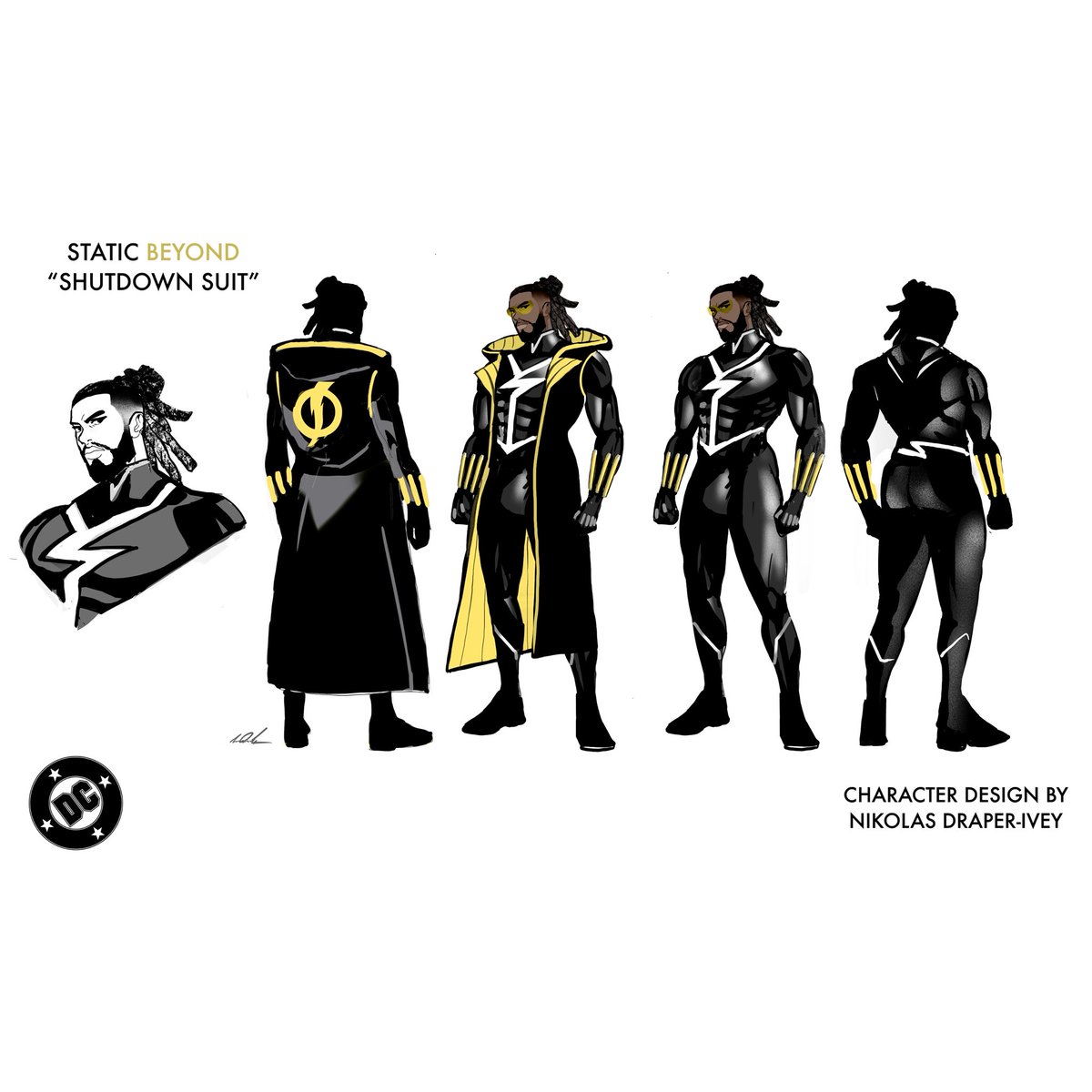 NikDraperIvey's tweet image. CHARACTER DESIGN FIRST LOOK FOR BATMAN/STATIC:BEYOND
(Slide for designs and read below for descriptions)

STATIC BEYOND “SHUTDOWN SUIT- 
After an encounter with a mysterious new antagonist  (SHUTDOWN) that has the ability drain immense power, Virgil must find a way to store his…