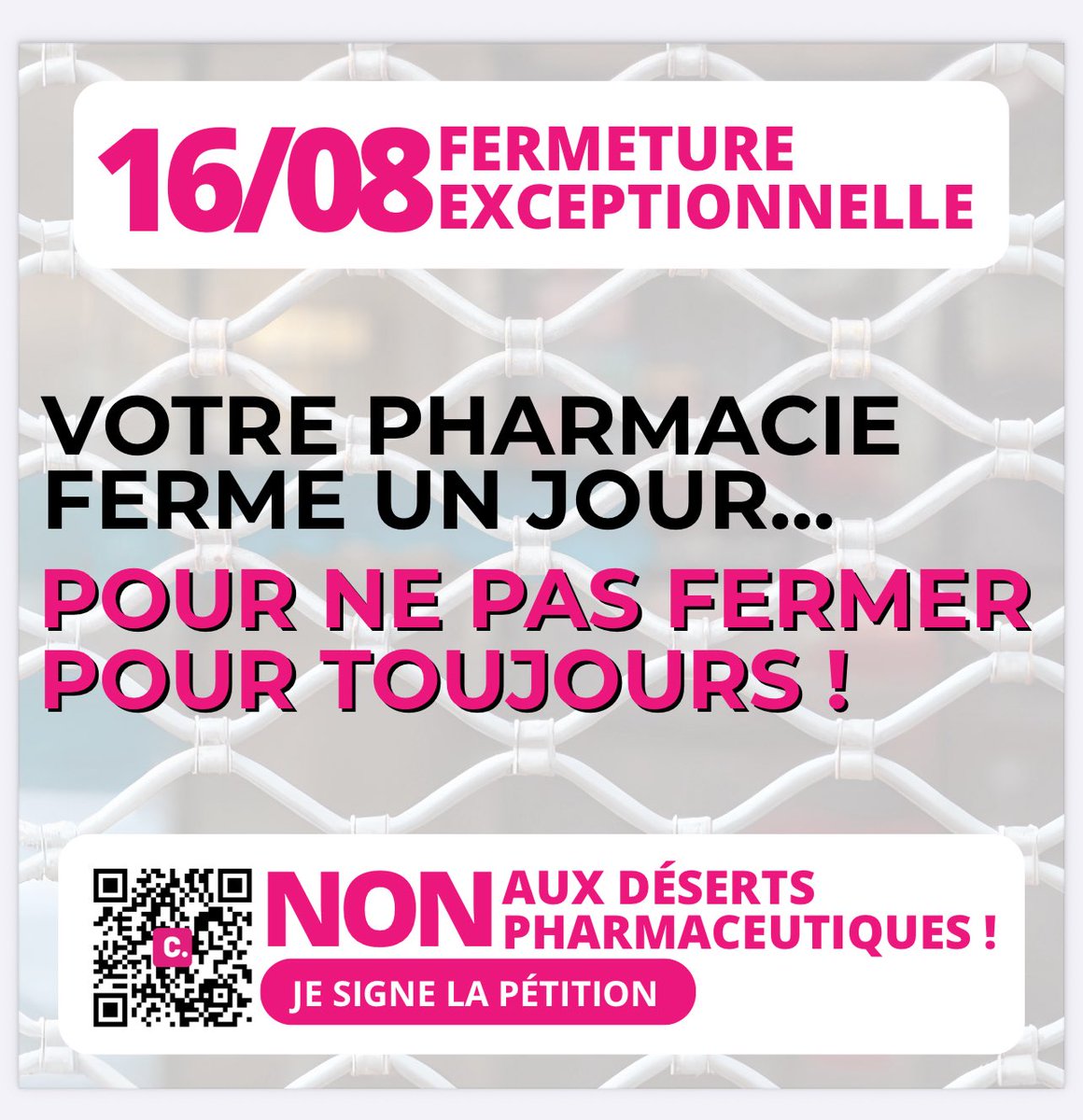 ⚠️ INFOS IMPORTANTES  - PHARMACIES FERMÉES DU 15 AU 17/08 ⚠️

Beaucoup de pharmacies en France seront fermées ce samedi 16/08 pour protester contre les mesures prises par le gouvernement qui risquent d’entraîner des fermetures et des licenciements et donc un accès aux soins