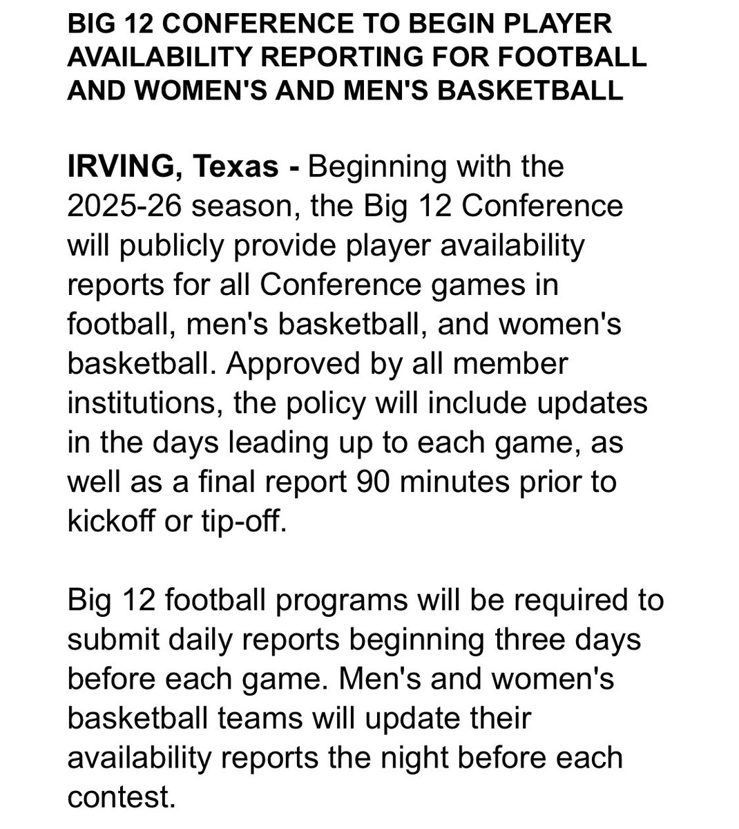 Player availability reports are coming to the Big 12.