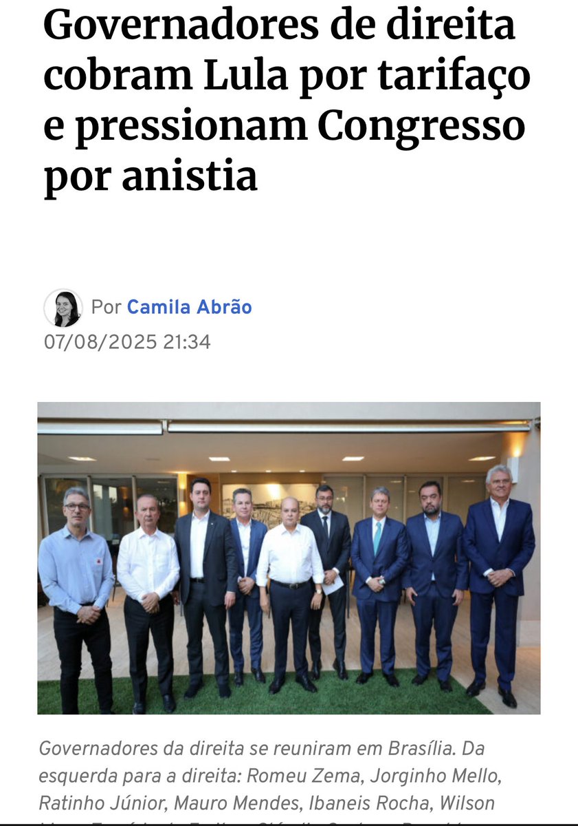 Todos os governadores de direita, Tarcísio, Ratinho, Zema, Enganeis e cia, querem que Lula ligue para Trãmp, mas TODOS eles se quer têm a coragem de ligar para o Bananinha, que seria, segundo ele mesmo, toda a causa do tarifaço. Um bando de Hipócritas covardes.