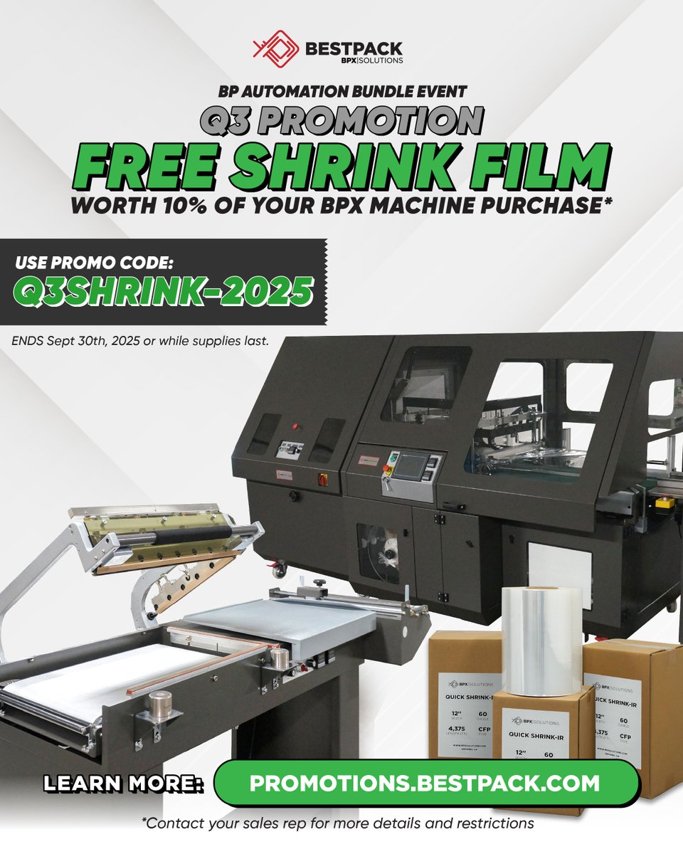 🚨 FREE Shrink Film? Yes, please! 🚨

When you purchase a BPX machine, receive FREE shrink film worth up to 10% of your machine purchase! That’s right, no extra cost!  Use code Q3SHRINK-2025. Details here: bit.ly/45zbOAg

#BestPack  #bpxsolutions #automation  #production