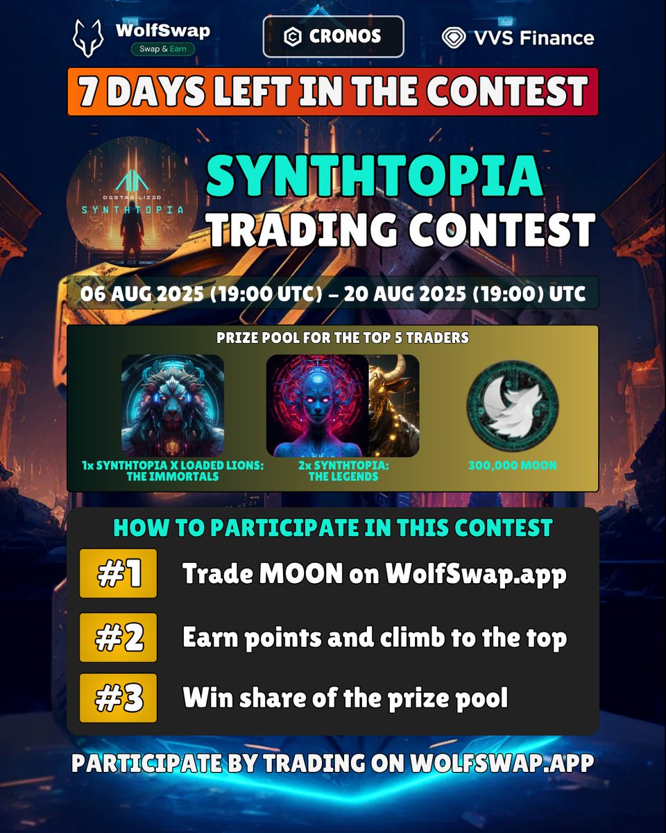 7 DAYS LEFT 🤯
Every trade of $MOON pushes you higher in <a href="/synthtopiaworld/">SYNTHTOPIA</a> Trading Contest!

Will you snag the SYNTHTOPIA X <a href="/LoadedLions_CDC/">Loaded Lions</a>: THE IMMORTALS NFT, or any of the other rewards from the prize pool? 👀

The #1 place is waiting for no one, take it yourself 🫵