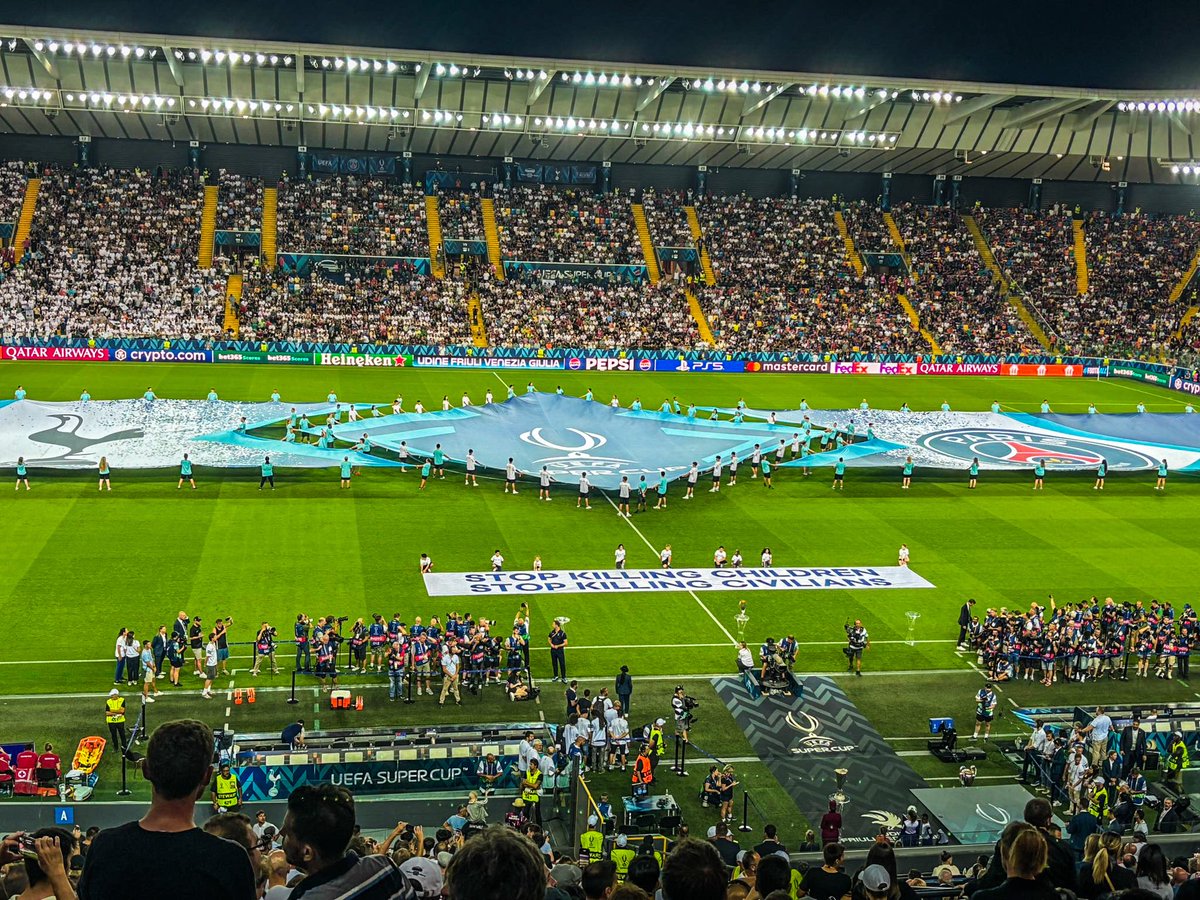 Banner at the UEFA Super Cup final between PSG &amp; Tottenham... 

"Stop killing children. Stop killing civilians."