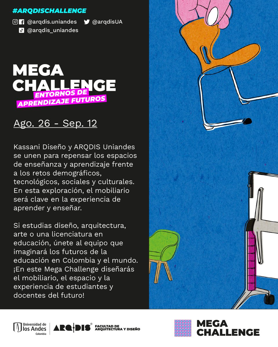 ¡Inscríbete antes del 22 de agosto! Del 26 de agosto al 12 de septiembre tendremos un Mega Challenge con Kassani Diseño para repensar los espacios de enseñanza y aprendizaje. Toda la información aquí 👉 cutt.ly/FrGksxPt

#ARQDISUniandes #ARQDISChallenges