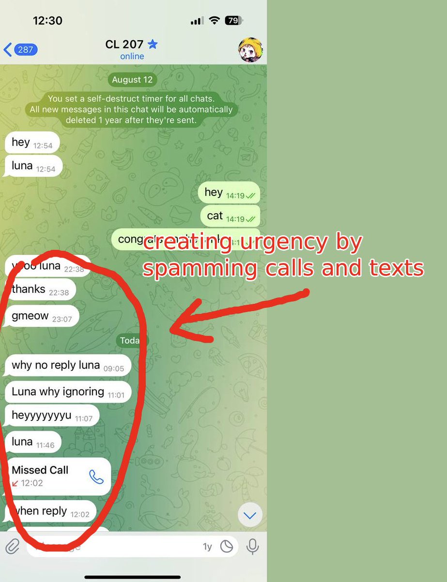 Watch out: There's a fake <a href="/CL207/">CL</a>  and <a href="/devops199fan/">devops199fan 🔪📜😅 ⌐◨-◨</a> going around spear phishing for money. They hit me up today. It's shockingly easy to fall for, the fake TG profile is very convincing.

First, they created urgency by repeatedly sending calls and alarming texts