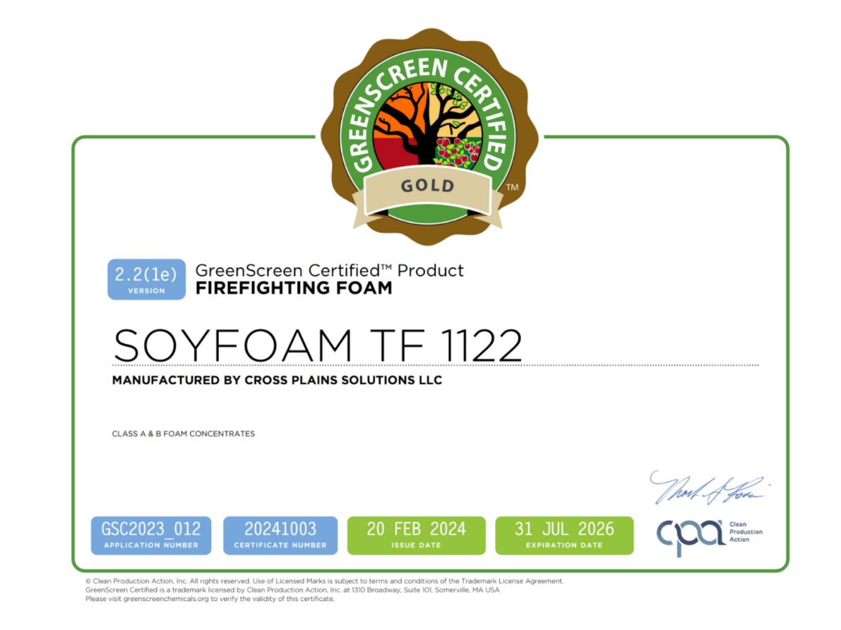 We proudly recertified SoyFoam™ TF 1122, made with U.S.-grown soy, as GreenScreen Certified® Gold — the highest standard for PFAS-free, environmentally safer firefighting foams.

<a href="/UnitedSoy/">United Soybean Board</a>  #USSoy

GreenScreen Certified® is a registered trademark of Clean Production Action.
