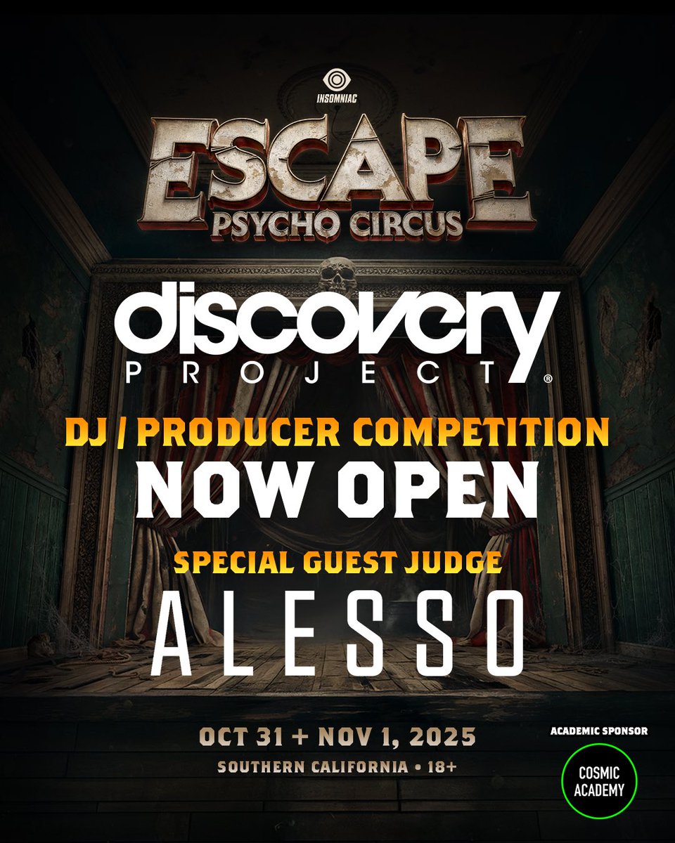 discoveryprjct's tweet image. Know a DJ/Producer who deserves a shot to play @EscapeHalloween? 🎪🔪 TAG them below!

Submissions for the 2025 Escape Halloween #DiscoveryProject with special guest judge @Alesso, are NOW OPEN!