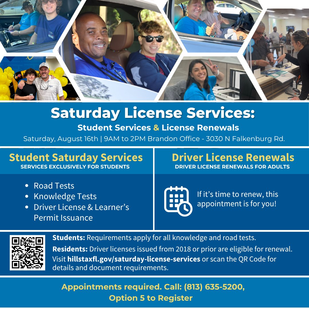 ⏰ LAST CHANCE - REGISTER BY 5PM FRIDAY! ⏰
Saturday License Services BACK!

📅 Aug 16 | 9AM-2PM | Brandon Office
🎓 Students: Tests &amp; licenses
👥 Adults: Renewals

🚨 LIMITED SPOTS!
Call 813-635-5200, option 5
#SaturdayLicenseServices #TeamHCTC