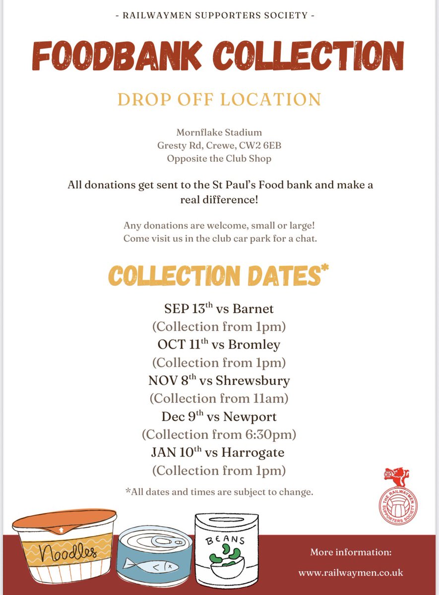 The Railwaymen (@therailwaymensg) on Twitter photo Foodbank details for the first half of this season.
Your donations last season were fantastic and they make the world of difference to the local community.
#crewealex <a href="/crewealexfc/">Crewe Alexandra</a> Foodbank details for the first half of this season.
Your donations last season were fantastic and they make the world of difference to the local community.
#crewealex <a href="/crewealexfc/">Crewe Alexandra</a>
