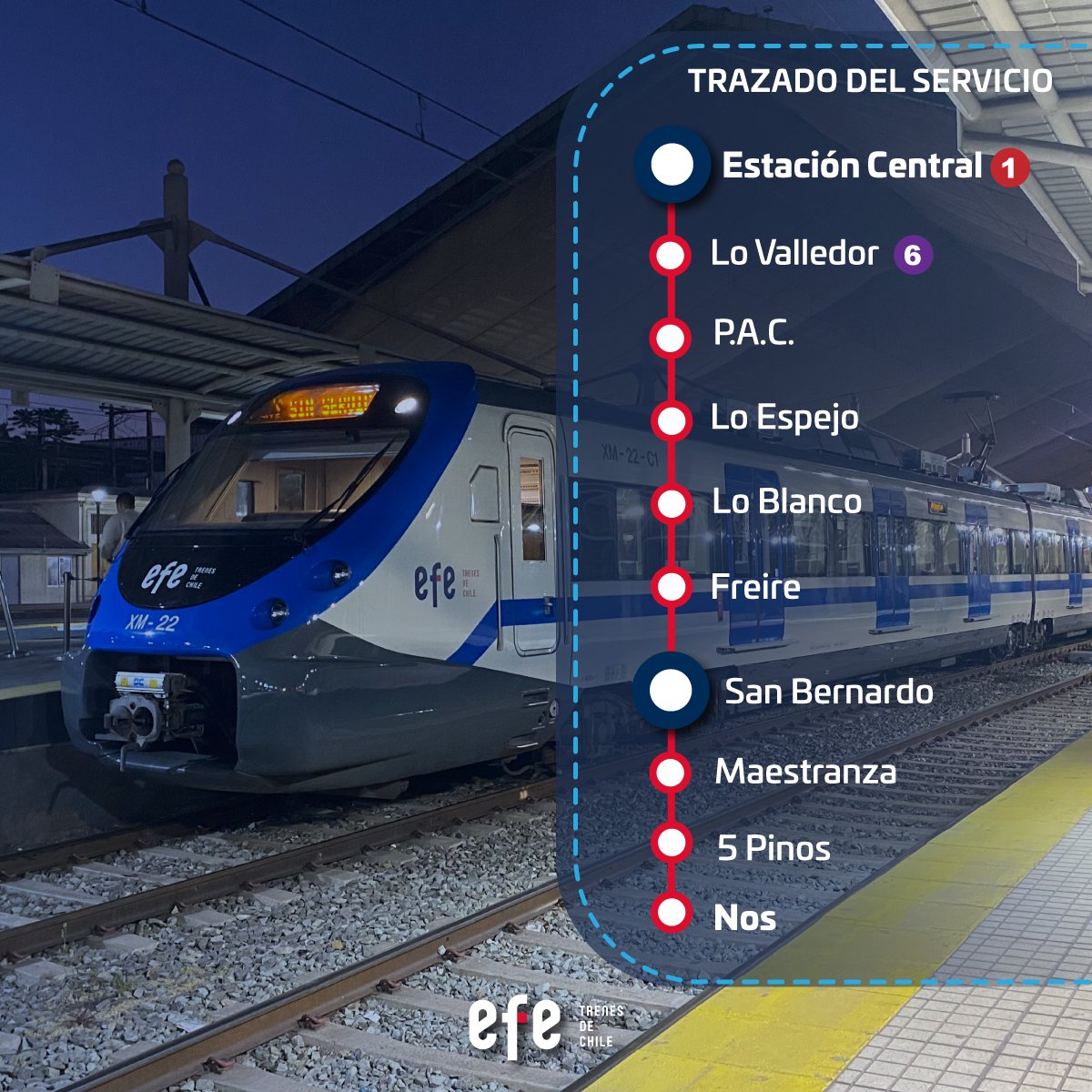 Tren Nos - Estación Central (@efenos_) on Twitter photo 📌 Conoce las estaciones de nuestro servicio:
🚇 En Estación Central y Lo Valledor puedes combinar con <a href="/metrodesantiago/">Metro de Santiago - #50Años</a> puedes combinar a L1 y L6 respectivamente.
🚉 En estación San Bernardo puedes hacer transbordo hacia el servicio <a href="/EFE_Rancagua/">Tren Rancagua - Estación Central</a>
🔗 Planifica tus viajes con 📌 Conoce las estaciones de nuestro servicio:
🚇 En Estación Central y Lo Valledor puedes combinar con <a href="/metrodesantiago/">Metro de Santiago - #50Años</a> puedes combinar a L1 y L6 respectivamente.
🚉 En estación San Bernardo puedes hacer transbordo hacia el servicio <a href="/EFE_Rancagua/">Tren Rancagua - Estación Central</a>
🔗 Planifica tus viajes con