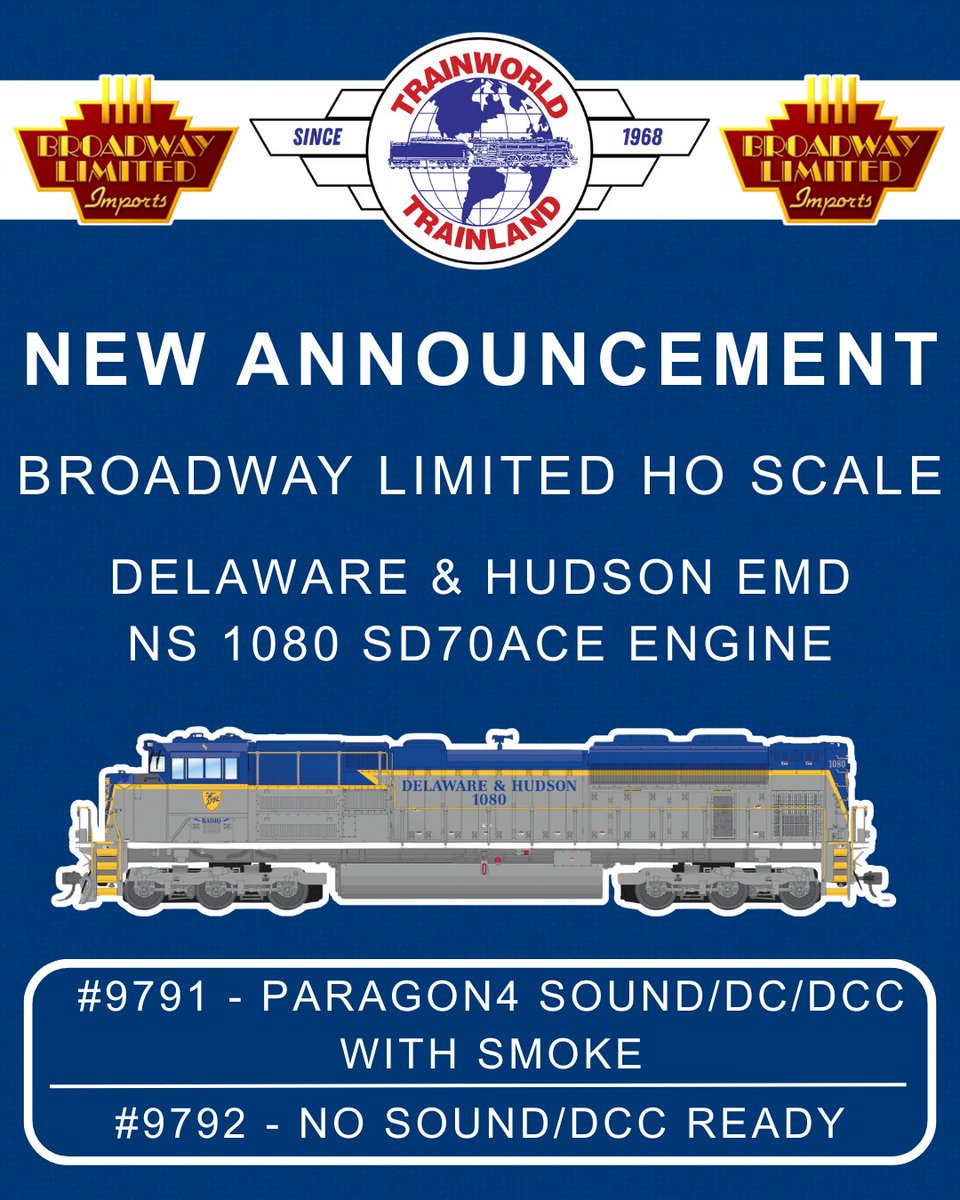 TrainWorld.com (@trainworld) on Twitter photo Broadway Limited New Announcement! 🚂
<a href="/BLITrains/">Broadway Ltd Imports</a> HO Scale Delaware & Hudson EMD NS 1080 SD70ACE Engine!
Item Number: 9791 - D&H 1080 SD70ACE - Paragon4 Sound/DC/DCC & Smoke
Item Number: 9792 - D&H 1080 SD70ACE - No Sound/DCC Ready
Order Now: trainworld.com/catalogsearch/…
#trains Broadway Limited New Announcement! 🚂
<a href="/BLITrains/">Broadway Ltd Imports</a> HO Scale Delaware & Hudson EMD NS 1080 SD70ACE Engine!
Item Number: 9791 - D&H 1080 SD70ACE - Paragon4 Sound/DC/DCC & Smoke
Item Number: 9792 - D&H 1080 SD70ACE - No Sound/DCC Ready
Order Now: trainworld.com/catalogsearch/…
#trains