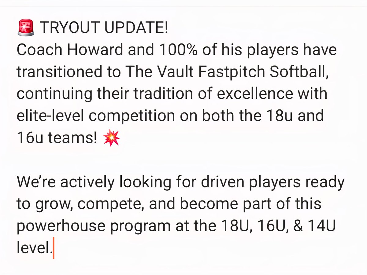 CA_Howard_Vault's tweet photo. π¨ TRYOUT UPDATE!
π This is The Vault.
#TheVaultFastpitch #CoachHoward #CoronaAngelsLegacy #CollegeBoundAthletes #VaultTryouts #14uSoftball #16uSoftball #18uSoftball #JoinTheVault https://t.co/FOpeyD2l4c