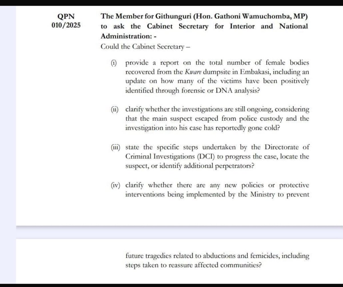 hon_wamuchomba's tweet photo. Expunged or NOT my question still represents the pain of many Kenyans . 

Who killed and DUMPED women  bodies in Kware dumpsite in Embakassi ? 

Who was the Suspect? 
Why did he ESCAPE from the police cells ? 
What is the Ministry doing about it ? 
Is the case closed ? 
Are victims being considered for compensation? 

After my 20 days of suspension from parliament,I will REVISIT