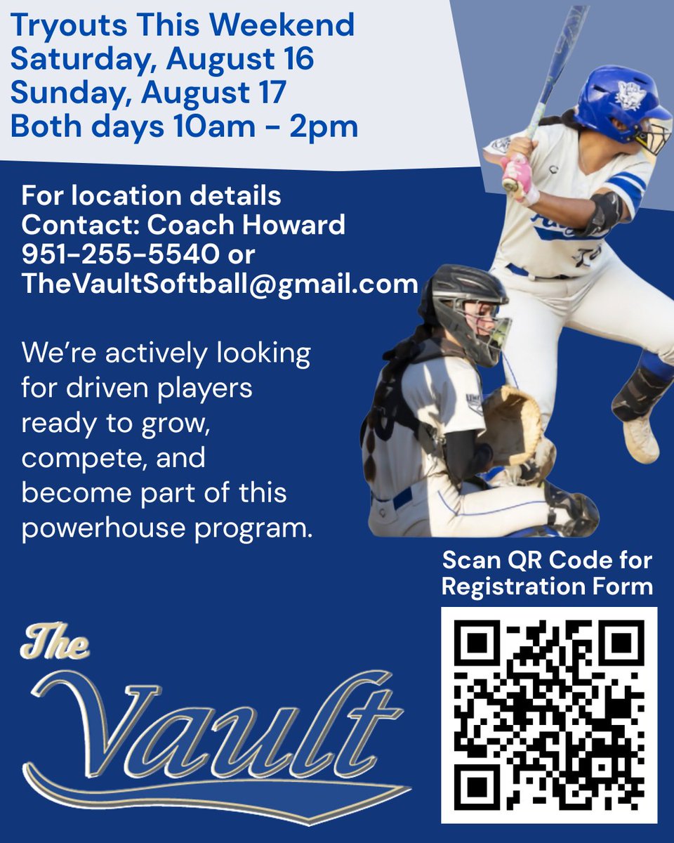 CA_Howard_Vault's tweet photo. π¨ TRYOUT UPDATE!
π This is The Vault.
#TheVaultFastpitch #CoachHoward #CoronaAngelsLegacy #CollegeBoundAthletes #VaultTryouts #14uSoftball #16uSoftball #18uSoftball #JoinTheVault https://t.co/FOpeyD2l4c