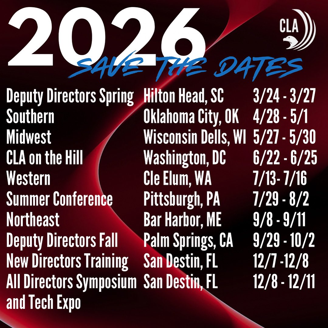 Save the Date! 🗓️
We’re excited to announce the 2026 CLA Conferences! Join us for leadership insights, collaboration, and much more. Mark your calendars and stay tuned for registration and event details. 📣
