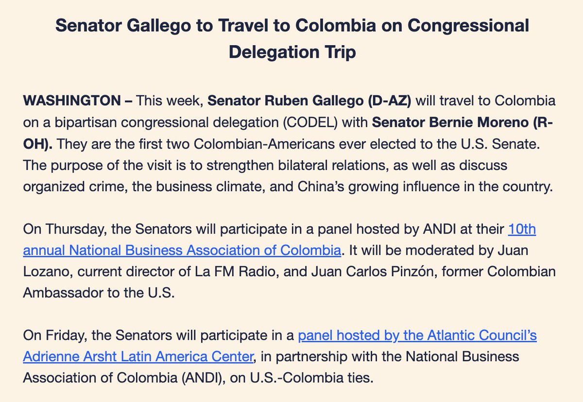 metzgov's tweet image. Sens. Ruben Gallego and Bernie Moreno — both of whom are Colombian-American — are going to Colombia together.