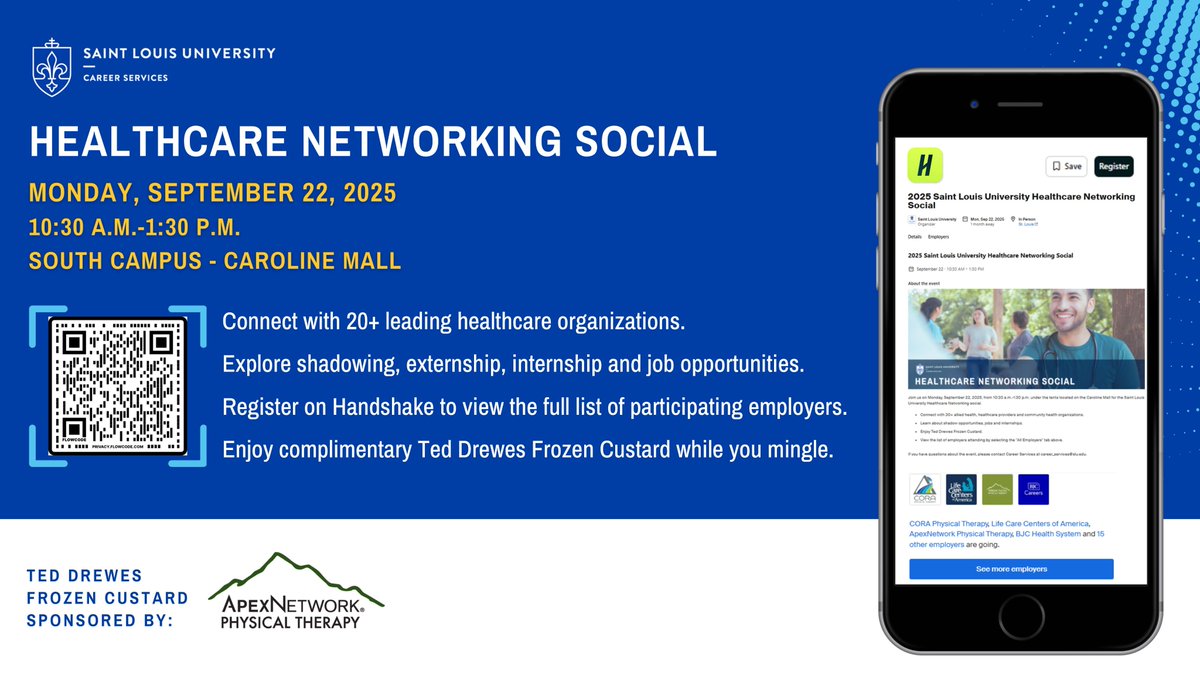 Inviting all Doisy College of Health Sciences students to attend the annual Healthcare Networking Social, sponsored by our Career Services team. Come meet some of the best in the healthcare field and enjoy some Ted Drewes (thank you @apexnetworkpt!).