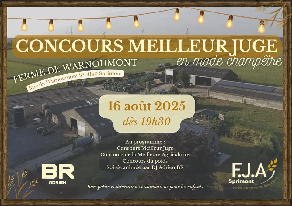 La FJA de Sprimont, ainsi que la ferme de Warnoumont, ont l'honneur de vous accueillir à leur Concours Meilleur Juge (#CMJ)  en race Prim'Holstein le samedi 16 août 2025 dès 19h30 à la Ferme de Warnoumont à 4140 Sprimont (rue de Warnoumont 87).
facebook.com/events/1498126…