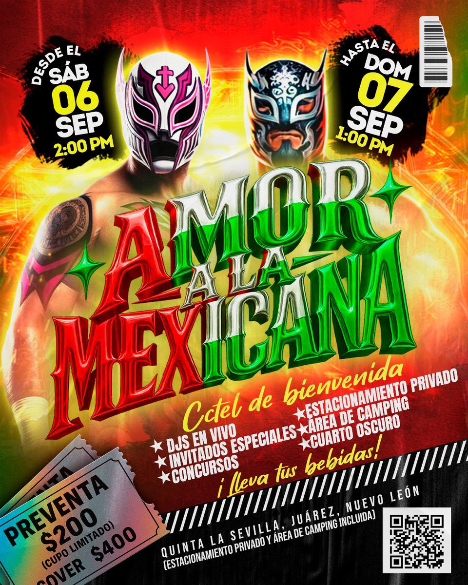 🔥 AMOR A LA MEXICANA – POOL PARTY 🇲🇽💦
Con tu entrada:
🥵 Máscara de lucha libre
🍹 Cóctel de bienvenida
😈 Preservativos para que nada te frene

🎧 DJs en vivo | 🎯 Juegos atrevidos | 🎁 Premios y más
🎟 Preventa $200 (cupo limitado)

📩 Info por DM