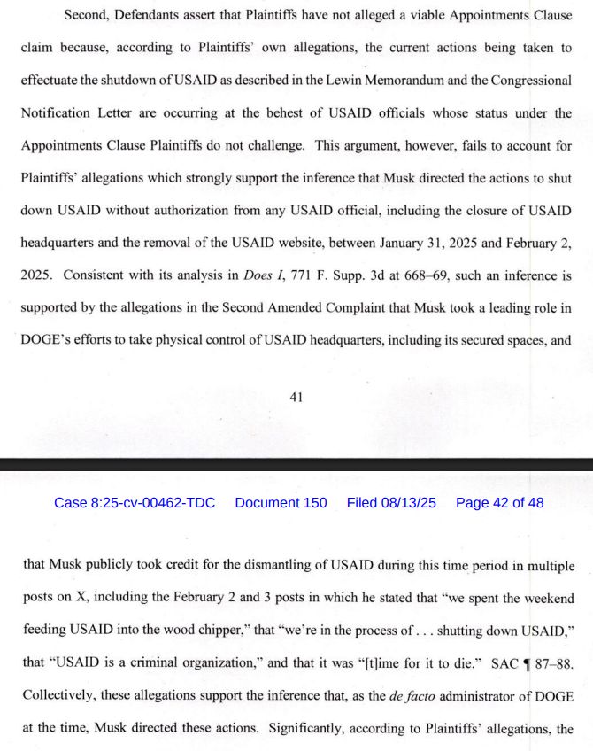 A lawsuit accusing billionaire Elon Musk + DOGE of unlawfully directing the closing of the US Agency for International Development can move ahead over the Trump administration’s objections, a Maryland federal judge ruled today 
bloomberg.com/news/articles/…