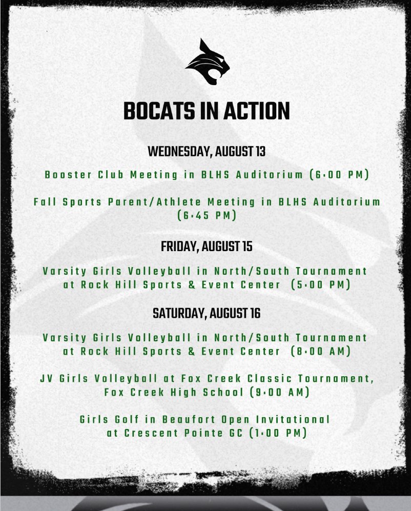 Bobcats in Action for this week - our Booster Club meeting is tonight at 6pm in the auditorium! Parent meetings to follow.
#itsbettertobeabobcat
#thebobcatstandard