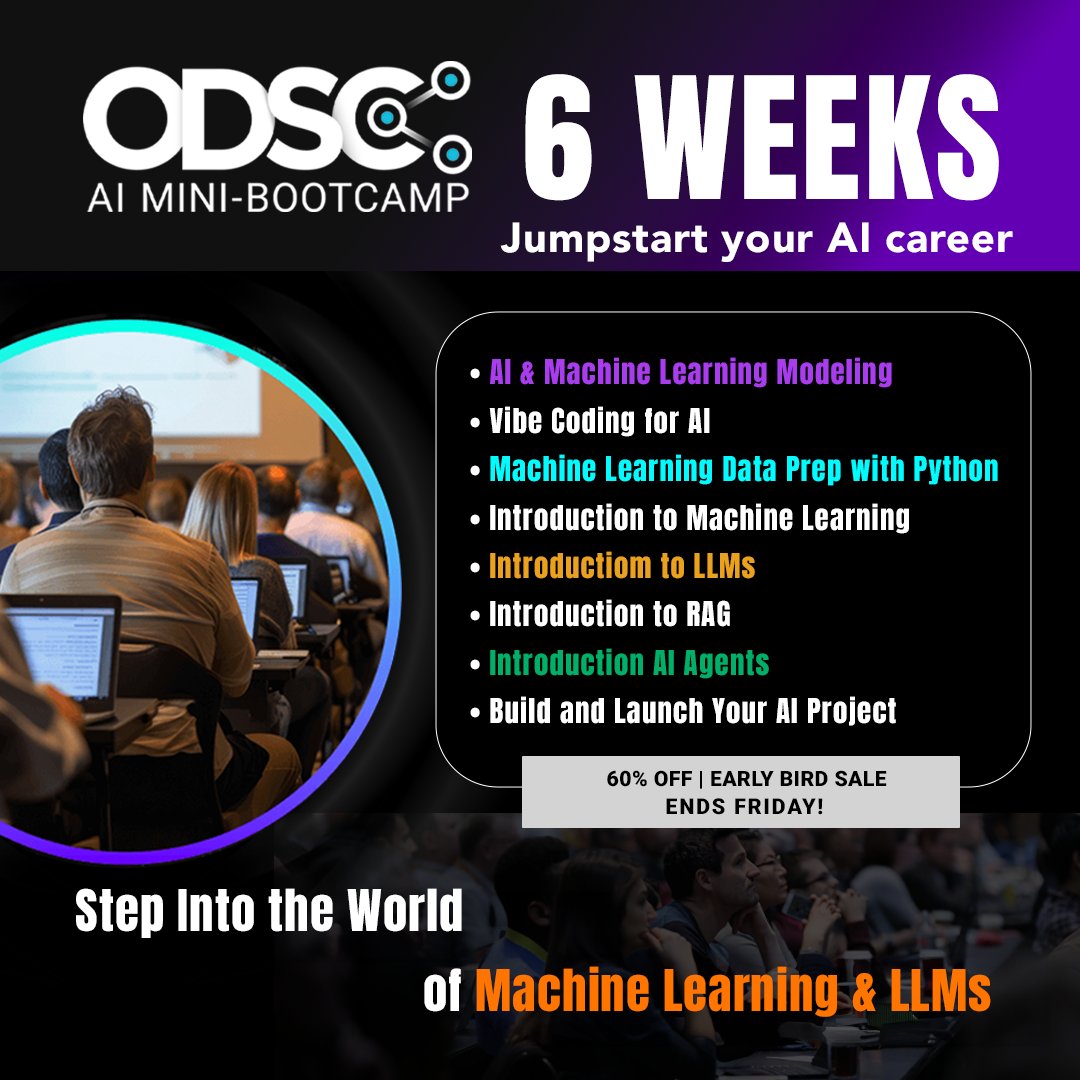 _odsc's tweet photo. π‘ New to AI? #ODSCBootcamp takes you from Python basics to real-world ML & LLMs in 6 weeks β plus a project, 1 year of Ai+ training & 60% Off until Fri.
π Start your AI journey β https://t.co/dspXISD22s
#AItraining #MachineLearning #AIbeginners https://t.co/vSsRid1mHt