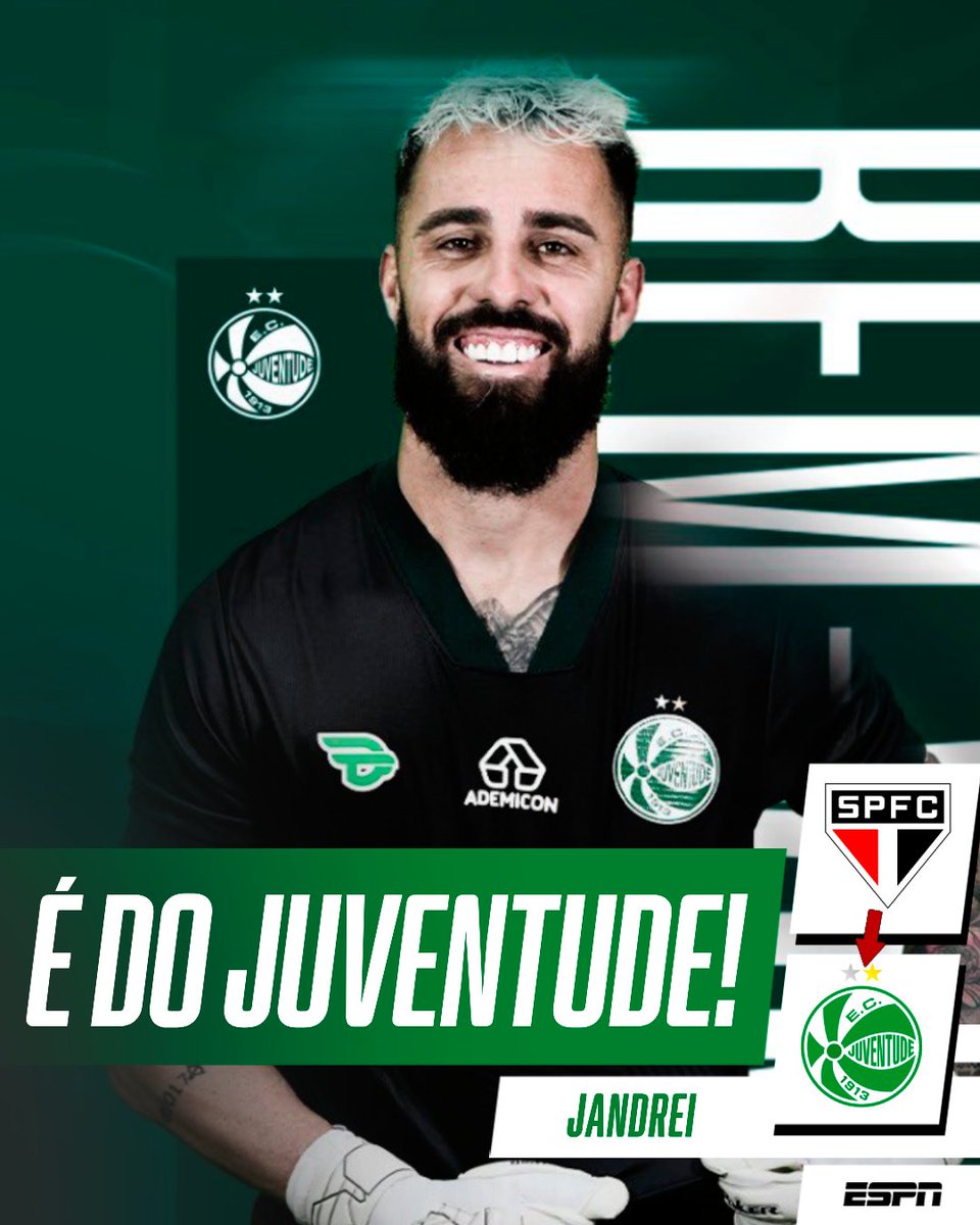 SportsCenterBR's tweet photo. O Juventude formalizou a contratação do goleiro Jandrei, do São Paulo, em um contrato de empréstimo até o final de 2025. O jogador já está treinando com o elenco e à disposição de Thiago Carpini estrear com a camisa alviverde.

#FutebolNaESPN #SaoPaulo #Jandrei #Juventude https://t.co/MsdfGUU2C7