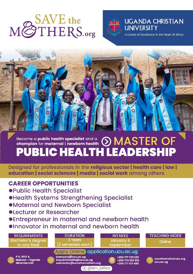 stm_EAfrica's tweet photo. @UCUniversity Here's a potential tweet:
"Just watched an inspiring video from UgandaChristianUniversity! 🌟 UCU is proud to offer the Master of Public Health Leadership program. Enrollment is now open for our Sept 2025 intake! 📚 Apply now. #MPHL #UCU #PublicHealthLeadership"! https://t.co/Nxcl2SZ3zS