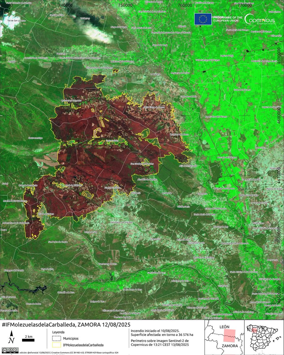 SergioParra97's tweet photo. ‼️ Con 36.576 hectáreas, el #IFMolezuelasDeLaCarballeda se convierte en el incendio de mayor extensión jamás registrado en España.

🗺️ @eforestal @CopernicusEMS https://t.co/SSyvdtkXV8