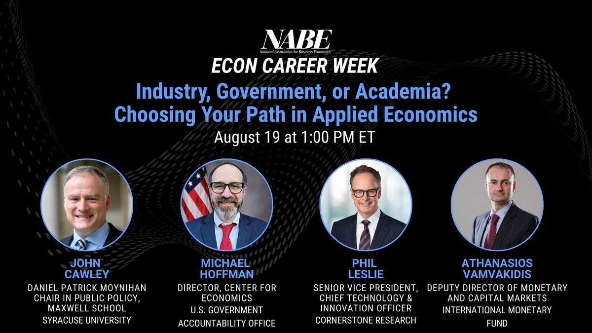 Econ PhDs who will be on the #EconJobMarket: 

Tues Aug 19 at 1pm ET is a NABE Career Week panel on "Industry, Government, or Academia? Choosing Your Path in Applied Economics"

Register here 👉 nabe.com/NABE/Events/Ev…