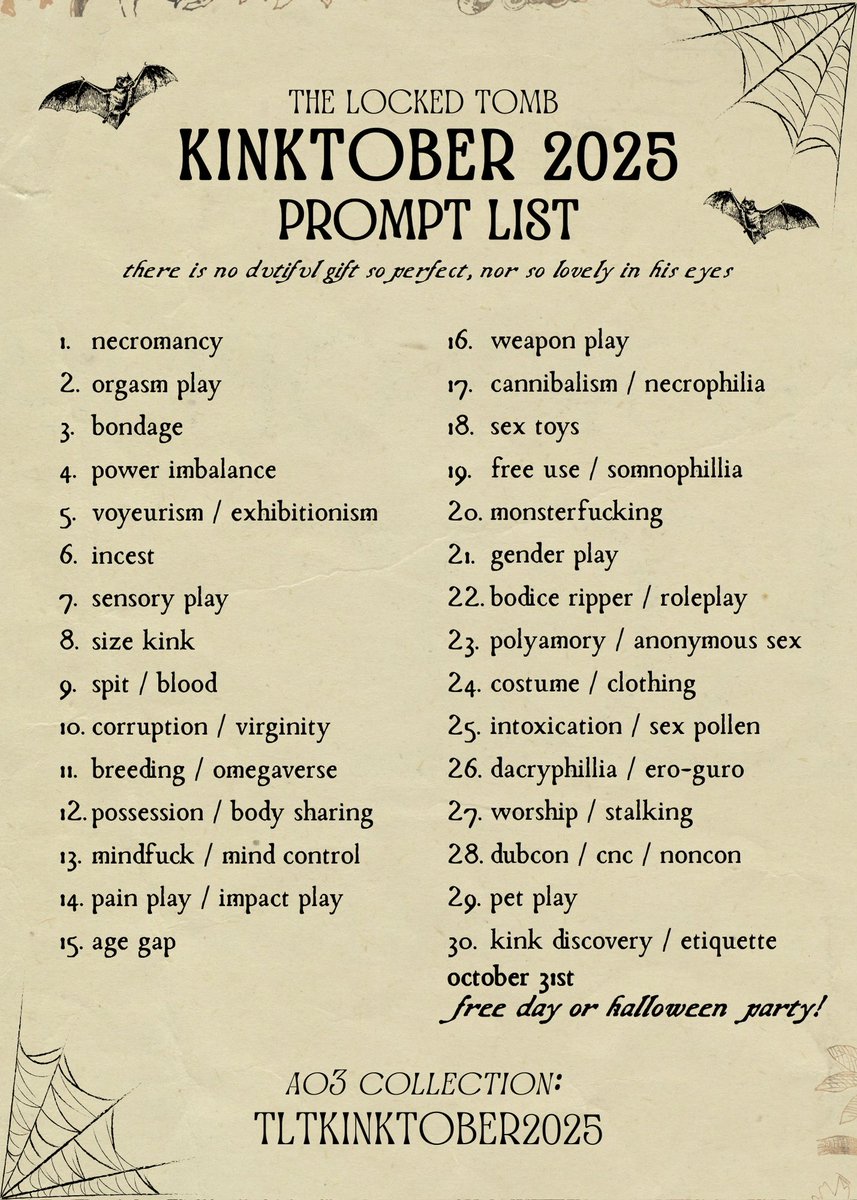 kinktobertlt's tweet image. The Locked Tomb Kinktober 2025 Prompt List 🕯️
