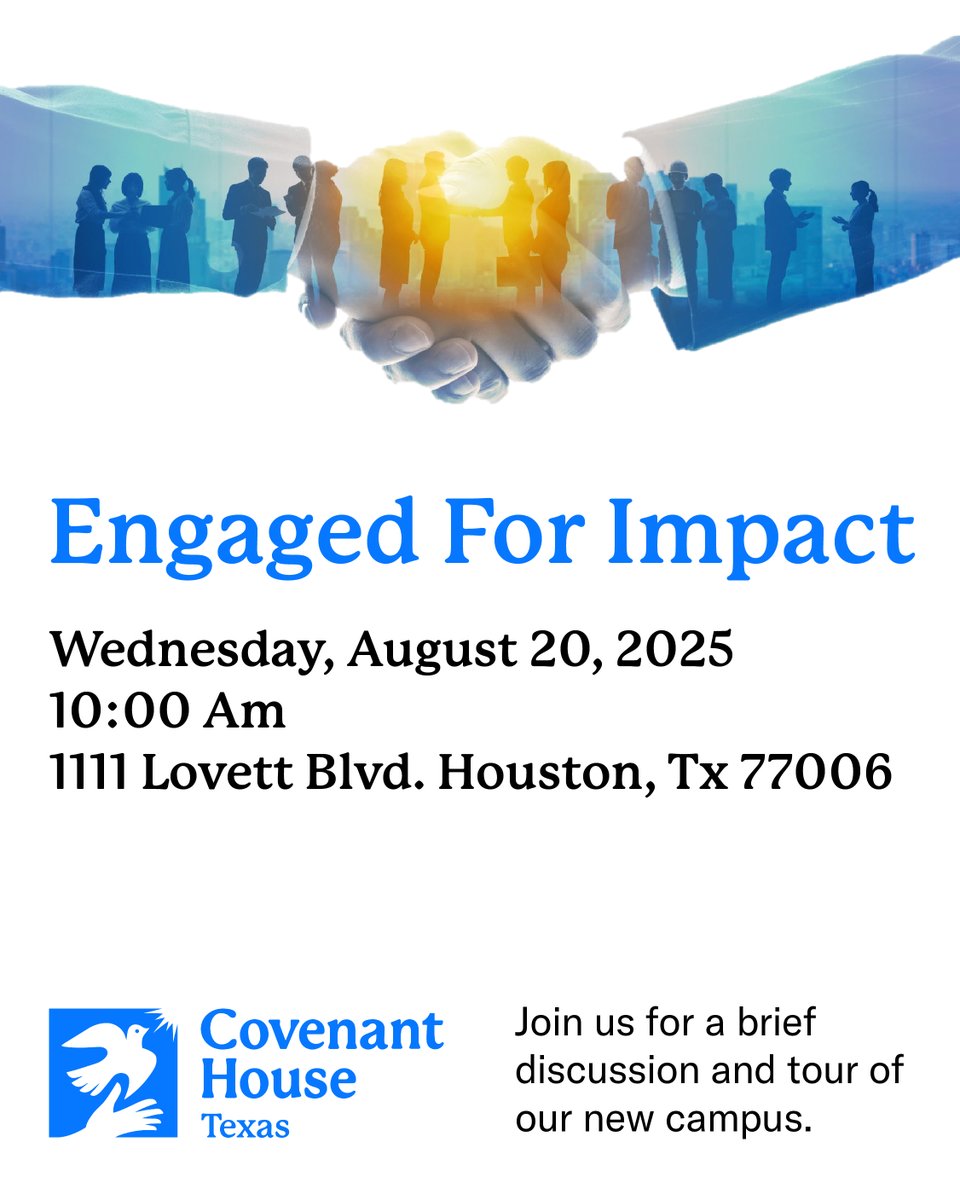 Join us Wed, Aug 20 • 10 AM at 1111 Lovett Blvd for Engaged for Impact—a quick briefing + campus tour with Covenant House Texas.

#RelentlessSupport #EngagedForImpact #HoustonTX
