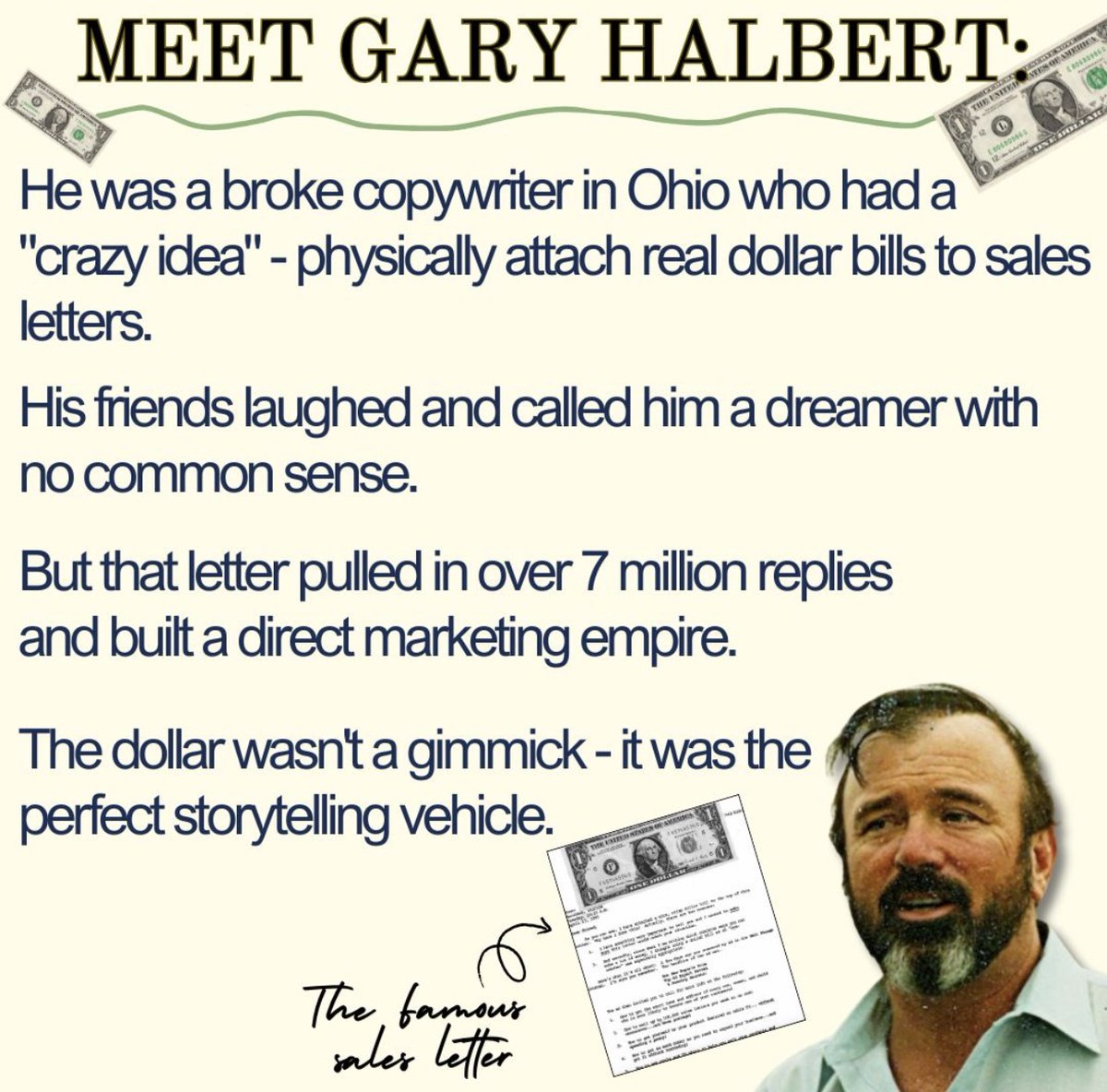 Gary Halbert became famous in the direct mail space with his “Dollar Bill Salesletter”.

This could be replicated with a crypto wallet. The cold email to a prospect could be written like this:

“Send me your crypto wallet and I will send you $1 USD in stable coin”

or even create