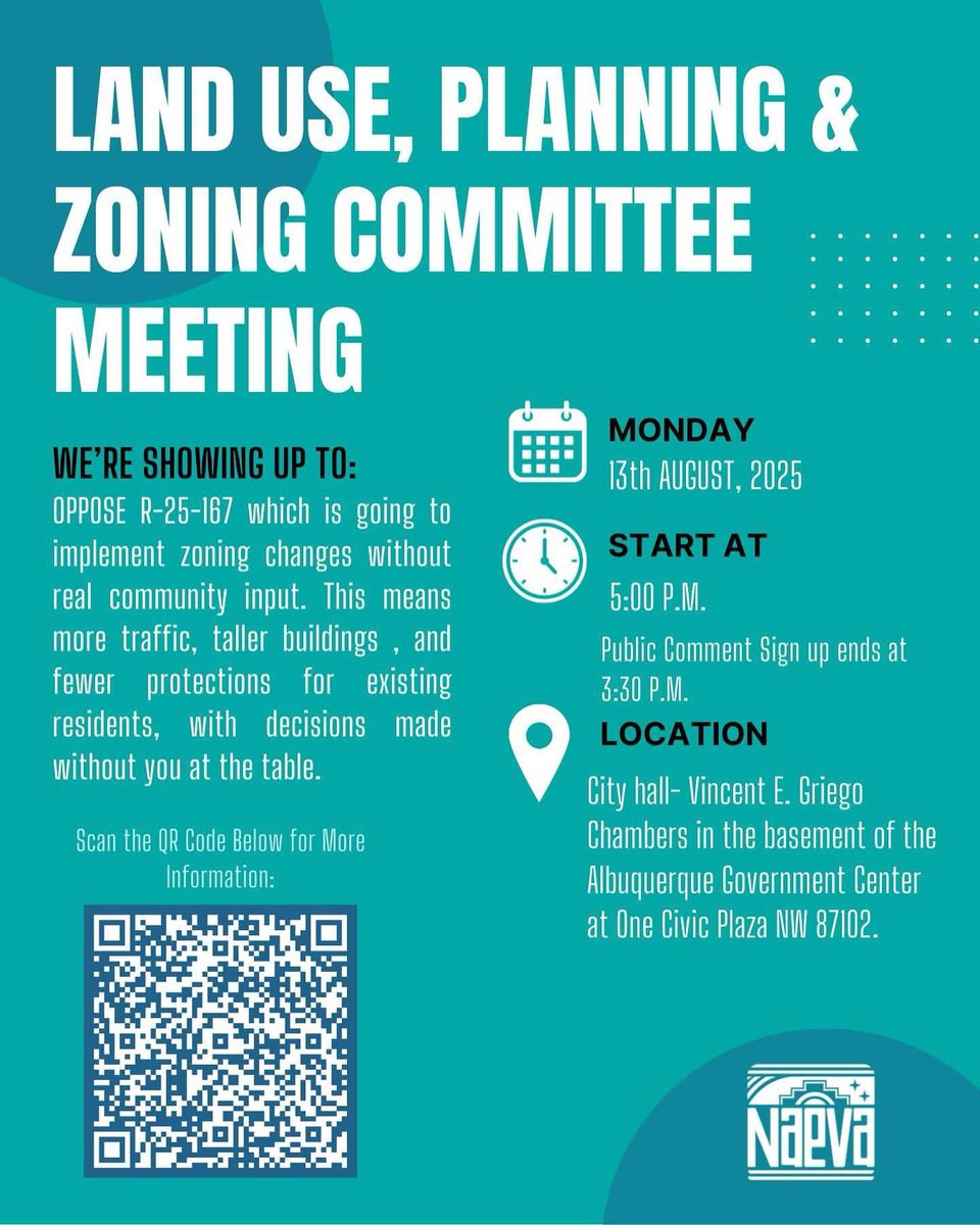 ALBUQUERQUE! We need your support TONIGHT 8/13 🚨

Your voice is needed at the Land Use, Planning &amp; Zoning Committee (LUPZ) meeting! 🏛️

📅 Wednesday, Aug 13 | 5 PM
📍 Hall or Join on Zoom (link in our bio)

We’re showing up to:
❌ OPPOSE R-25-167 which is going to implement