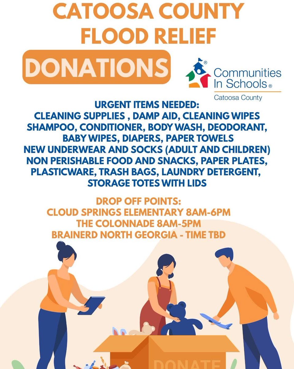 Help our neighbors in need with with flood relief supplies. You can drop off the listed items at:
- The Colonnade, 264 Catoosa Circle
- Cloud Springs Elementary School, 163 Fernwood Drive
<a href="/WRCBtv/">WRCB</a> <a href="/wdefnews12/">WDEF News 12</a> <a href="/newschannelnine/">WTVC NewsChannel 9</a> 
#CatoosaCountyGA
