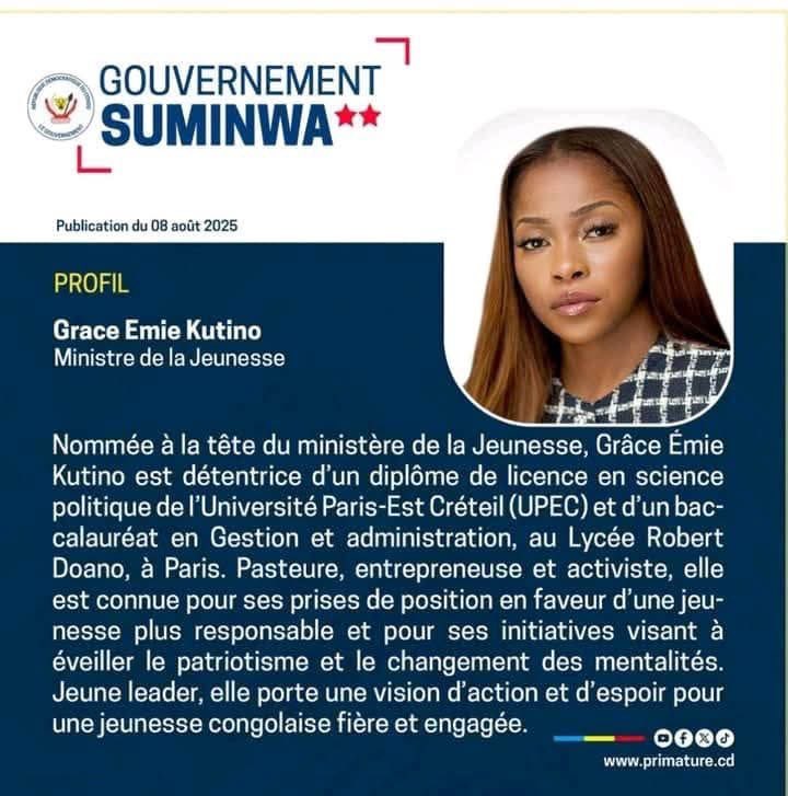 Le Corps des Jeunes contre le Paludisme de la RDC, vous souhaite fructueux mandat Excellence <a href="/GraceKutino/">Grace Emie Kutino</a>. Vous pouvez compter sur notre réseau des jeunes engagés pour le bien-être des communautés à travers nos 26 provinces du pays.