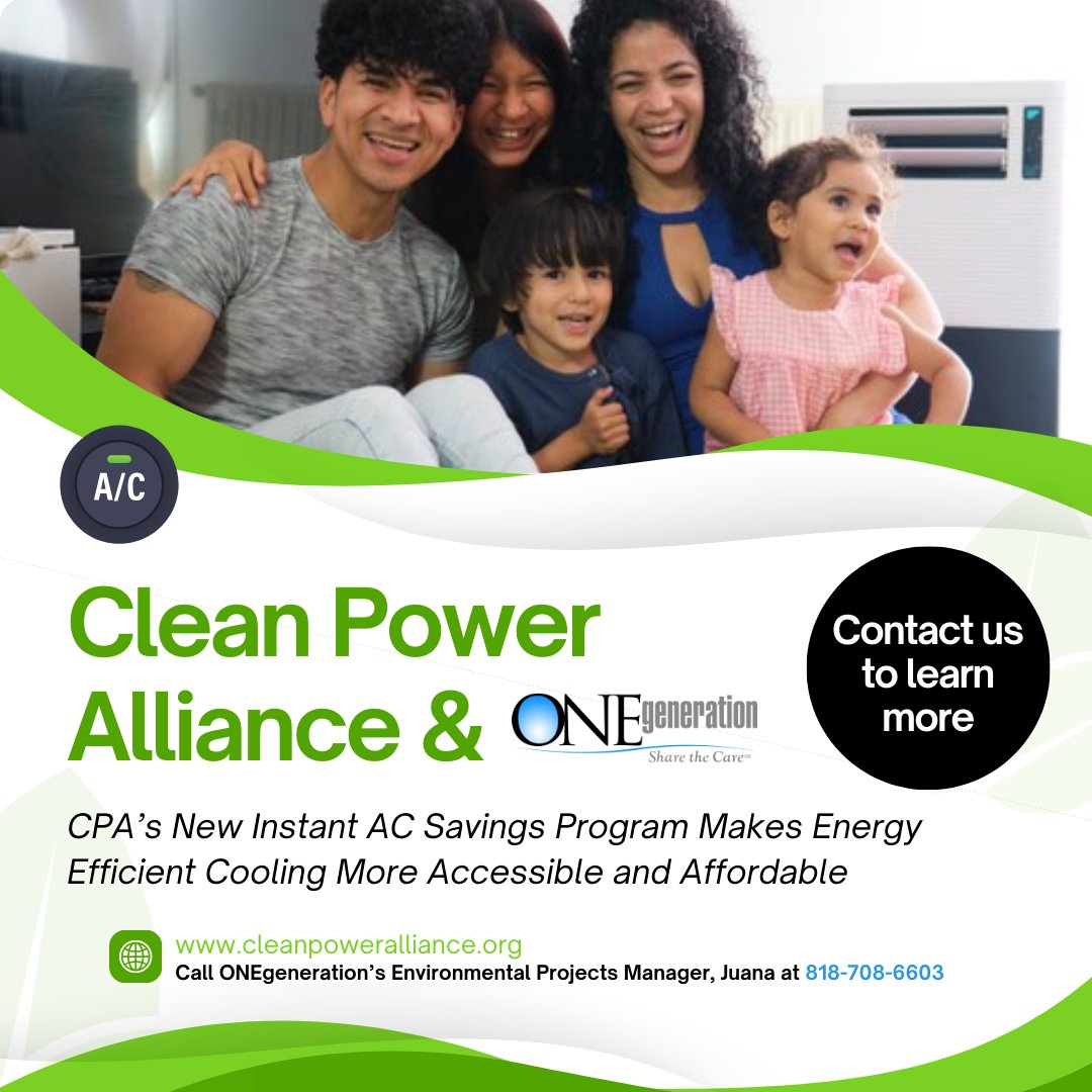 <a href="/ONEgenCares/">ONEgeneration</a> has partnered w/ Clean Power Alliance. CPA is offering an instant $300 for the purchase of an ENERGY STAR® room AC unit. To learn more visit: cleanpoweralliance.org/.../cpas-new-i… or call Juana Torres at 818-708-6603.  This offer is for CPA customers only.
#Community #GreenPower